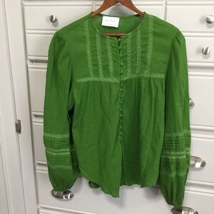 IRIS MAXI GREEN Ladder Lace Long Sleeve  Peasant Top size 10